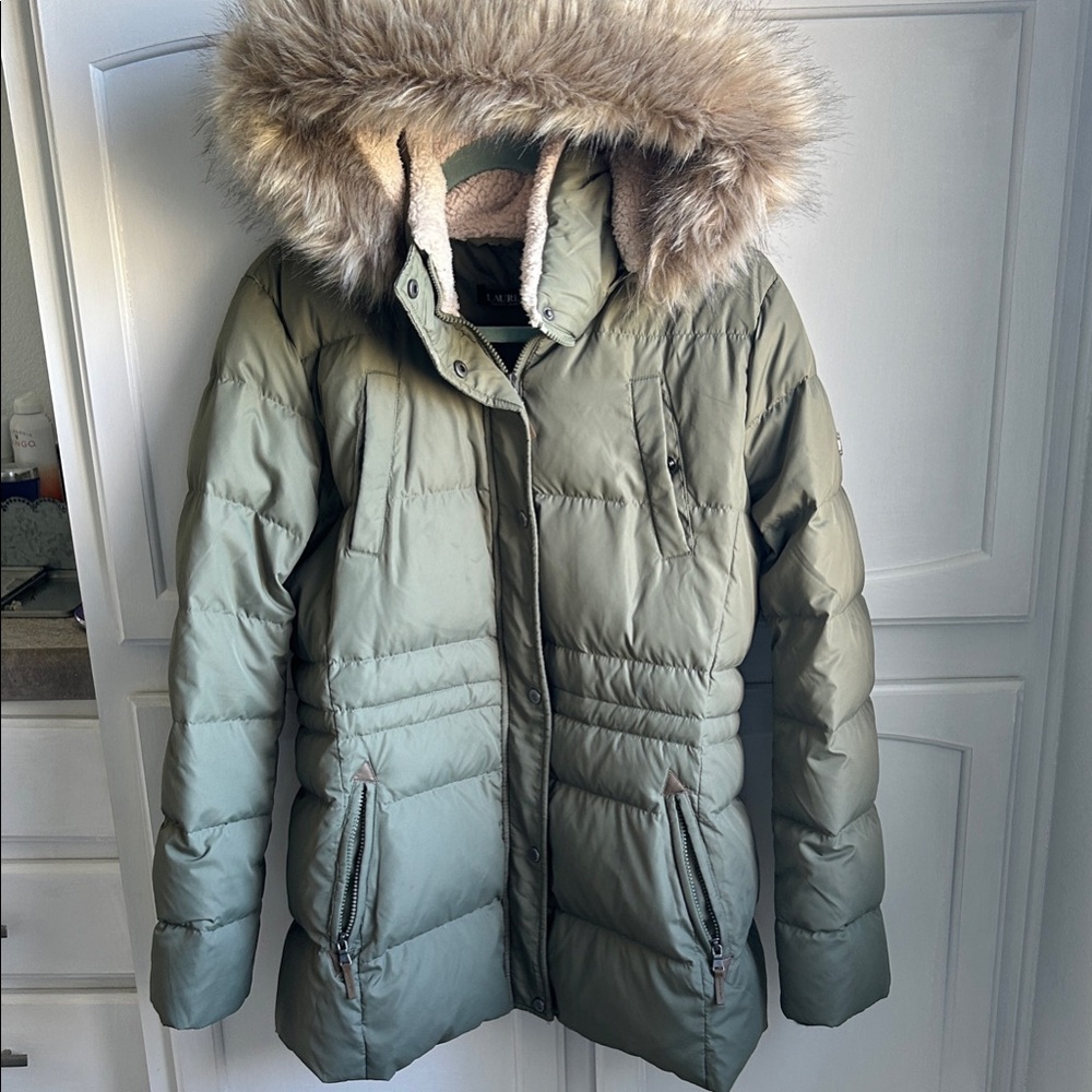 Ralph Lauren Olive Puffer Jacket with Faux Fur Hood